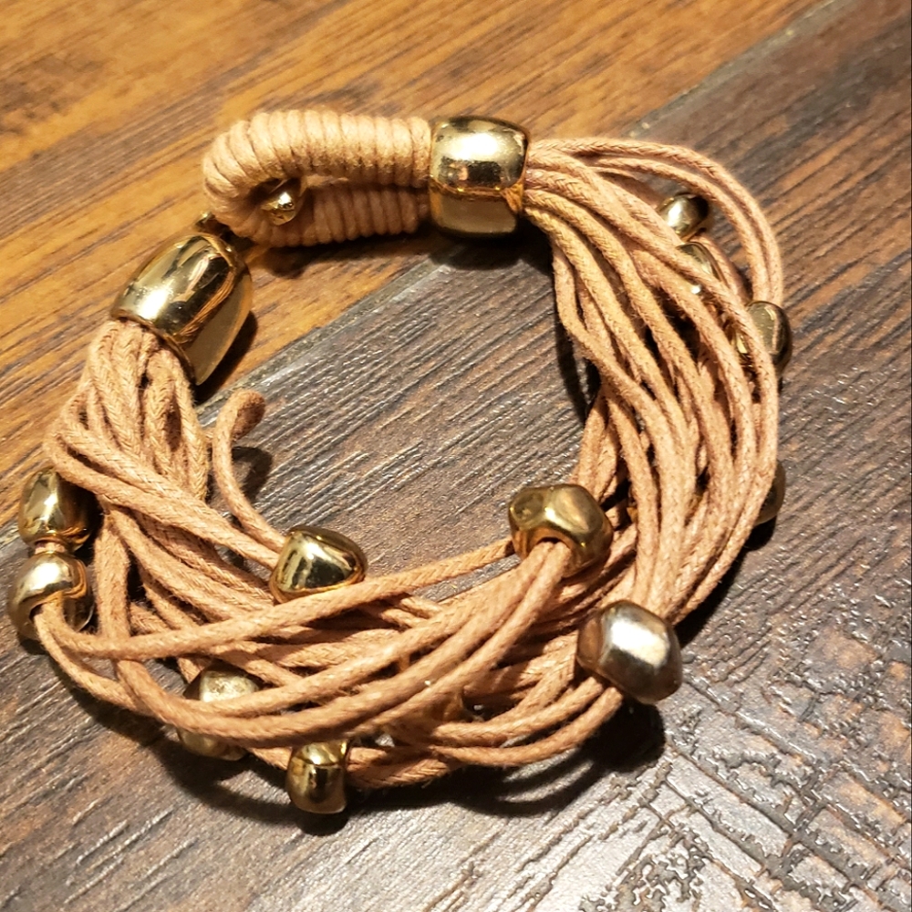 Boho Multistrand Bracelet Tan with Gold Beads